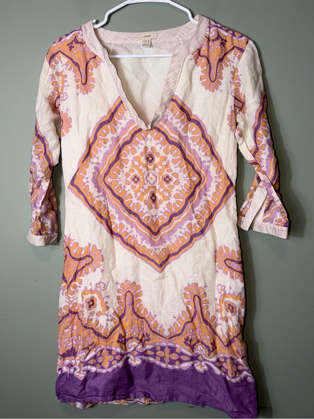 J.Crew Bazaar Tunic Dress 100% linen with a purple and orange‎ medallion Size 0